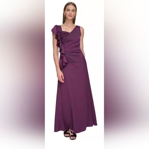 DKNY Asymmetric-Neck Ruffle-Trim Satin Gown NWOT Size 10 Purple - Picture 1 of 6